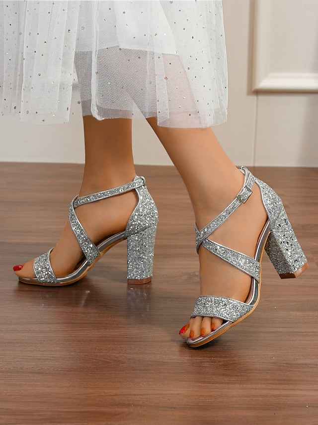 Glitter Women's Block Gold Sandals Heel