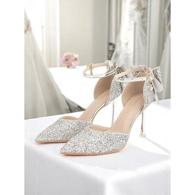 Toe - Bow Sparkly Heels Women's Silver Pointed Glitter