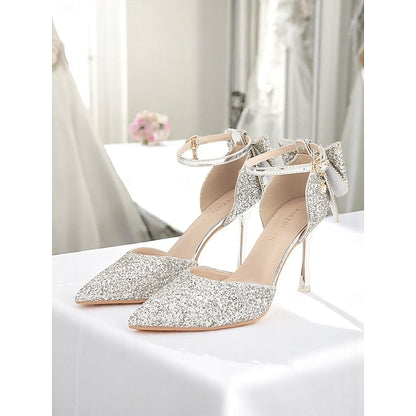 Toe - Bow Sparkly Heels Women's Silver Pointed Glitter