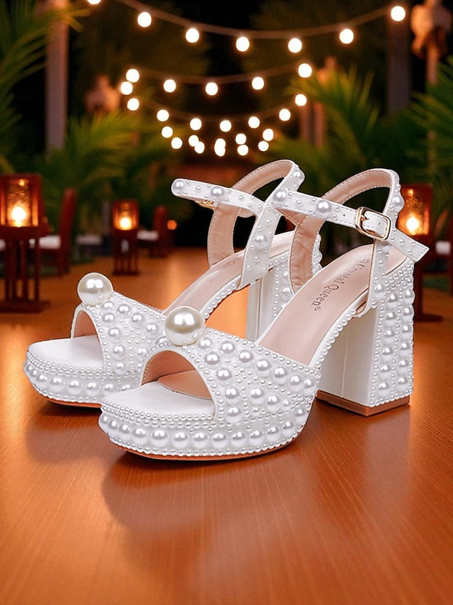 White Platform Embellished Block Pearl Heel Women's Sandals