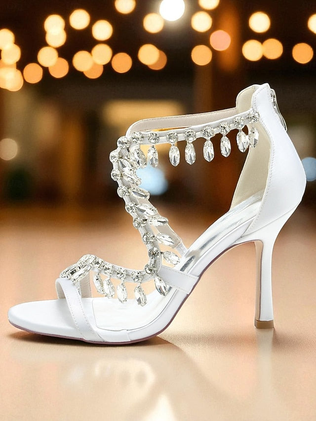 White Heel High Rhinestone with Women's Strappy Sandals