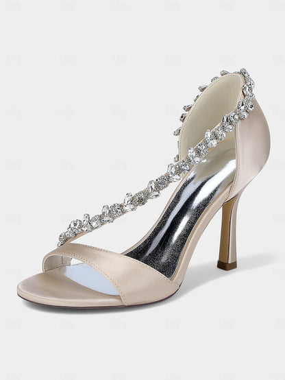 with High T-Strap Champagne Crystal – Women's Heels Satin