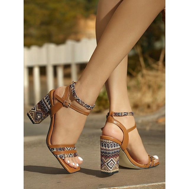 Block Boho-Chic with Women's Heels Textured Patterned Strap