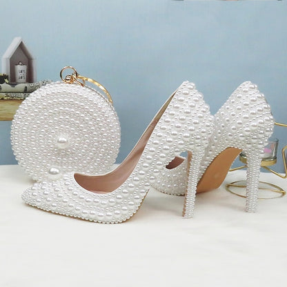 Pearl-Embellished Pearl Stiletto Round Set and Heels White Purse