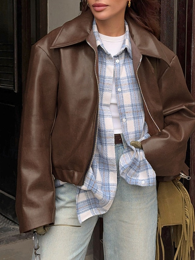 Comfortable Pocket Leather Women's Warm Faux Jacket Zipper