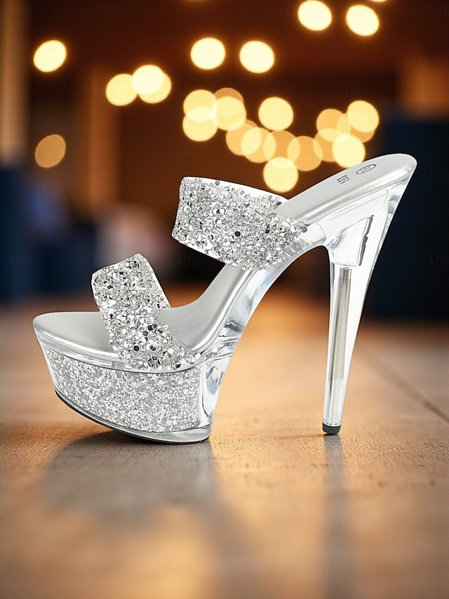 Mules Women's Peep Rhinestone Glitter - High Platform Heel