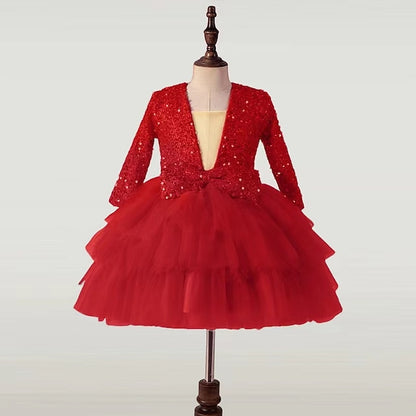 Sleeve Kids Sequin Dress Long Party Performance Girls'