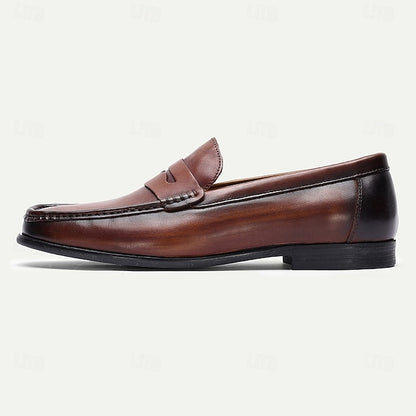 Brown Loafers Slip-On Men's Shoes Leather Penny with