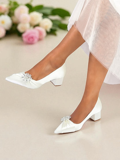 Women's with Crystal Low Block Heel Pumps White