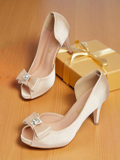 Satin Peep Toe Bow and with Heels Champagne Women's