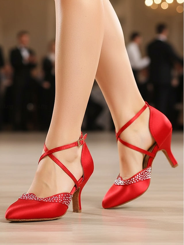 Dance Ballroom Shoes Satin Closed Women's Red Cross Toe -