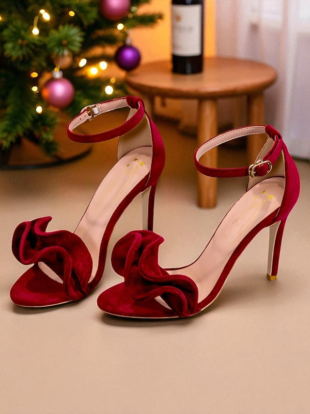 Sandals Elegant - Red Women's Velvet High Heel Ankle Strap