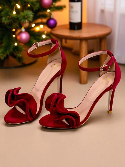 Elegant Strap Ankle Velvet Sandals Women's - High Heel Red