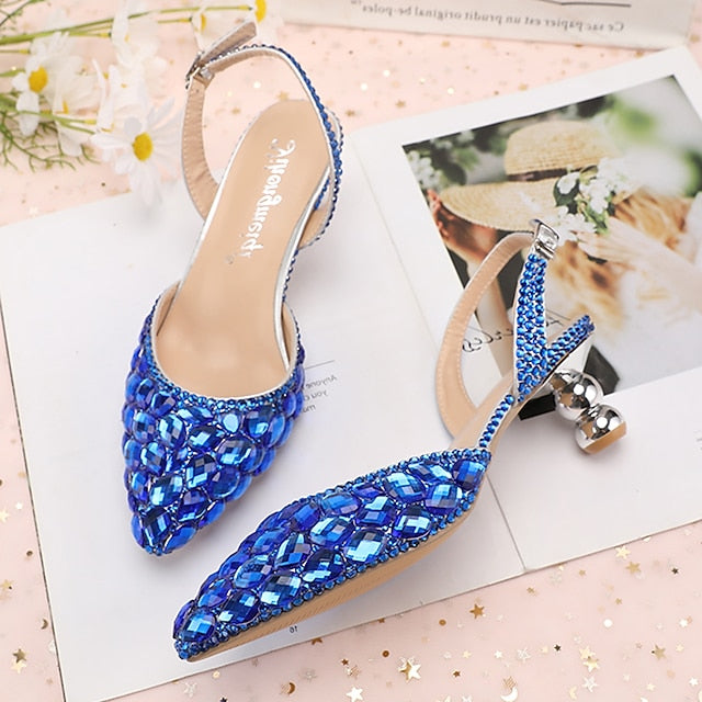 High Rhinestone Slingback Crystal Women's Heels Pointed-Toe