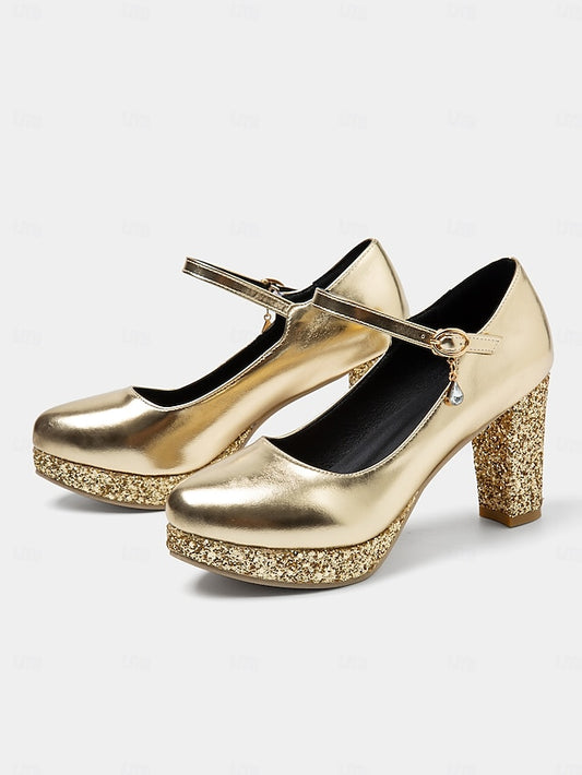 Pumps Glitter Heel Sparkly Jane Mary Block – Women's Gold