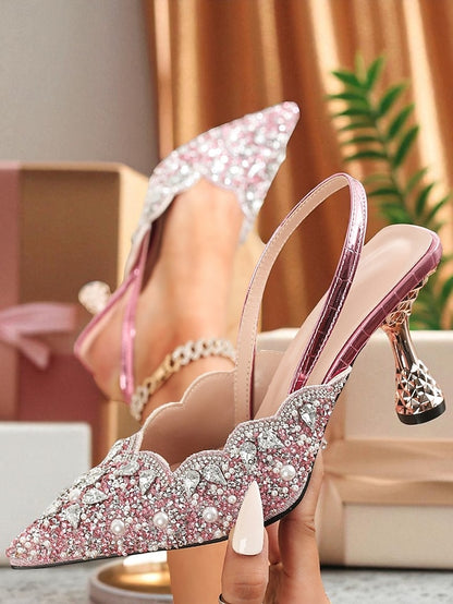 Toe - Pointed Slingback Rhinestone Heels Pink Women's Party