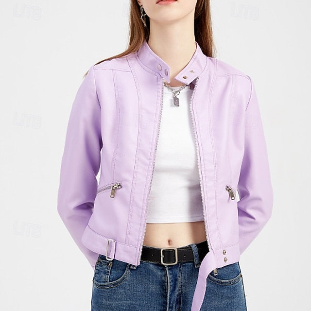Women's Jacket Zipper Leather Faux Pocket Comfortable