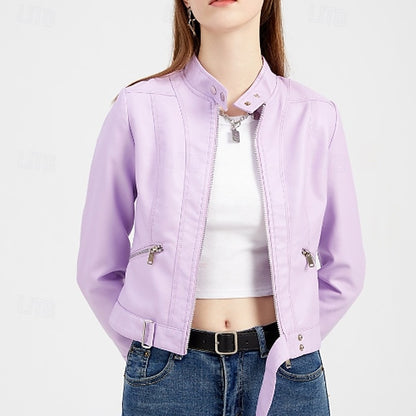 Women's Jacket Zipper Leather Faux Pocket Comfortable