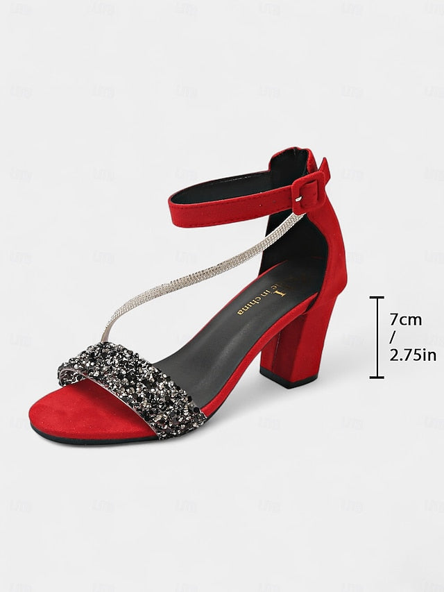 Ankle Block Heel Rhinestone with Women's Sandals Strap