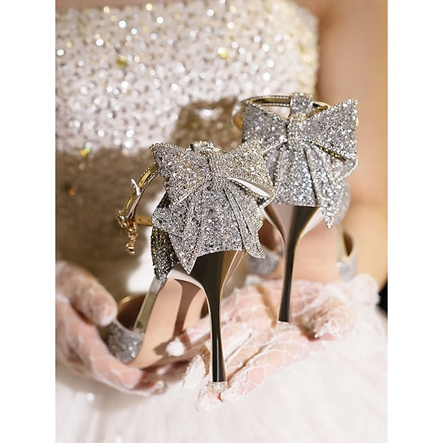 Glitter - Toe Silver Heels Sparkly Pointed Women's Bow