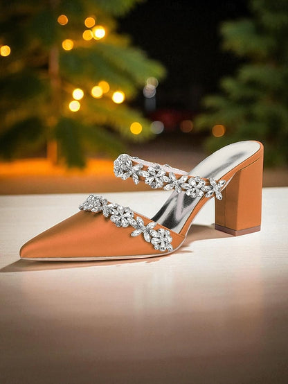 Heel Block Mules with Black Satin Floral Rhinestone Women's