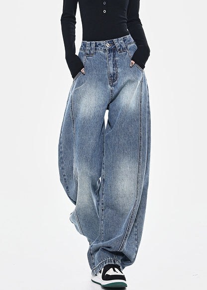 Pants Fashion Pockets High Spring Blue Patchwork Waist Denim