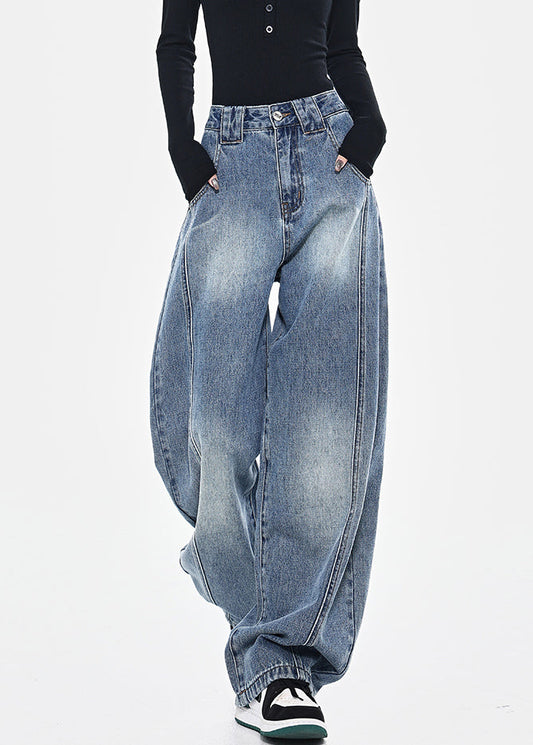 Pants Fashion Pockets High Spring Blue Patchwork Waist Denim