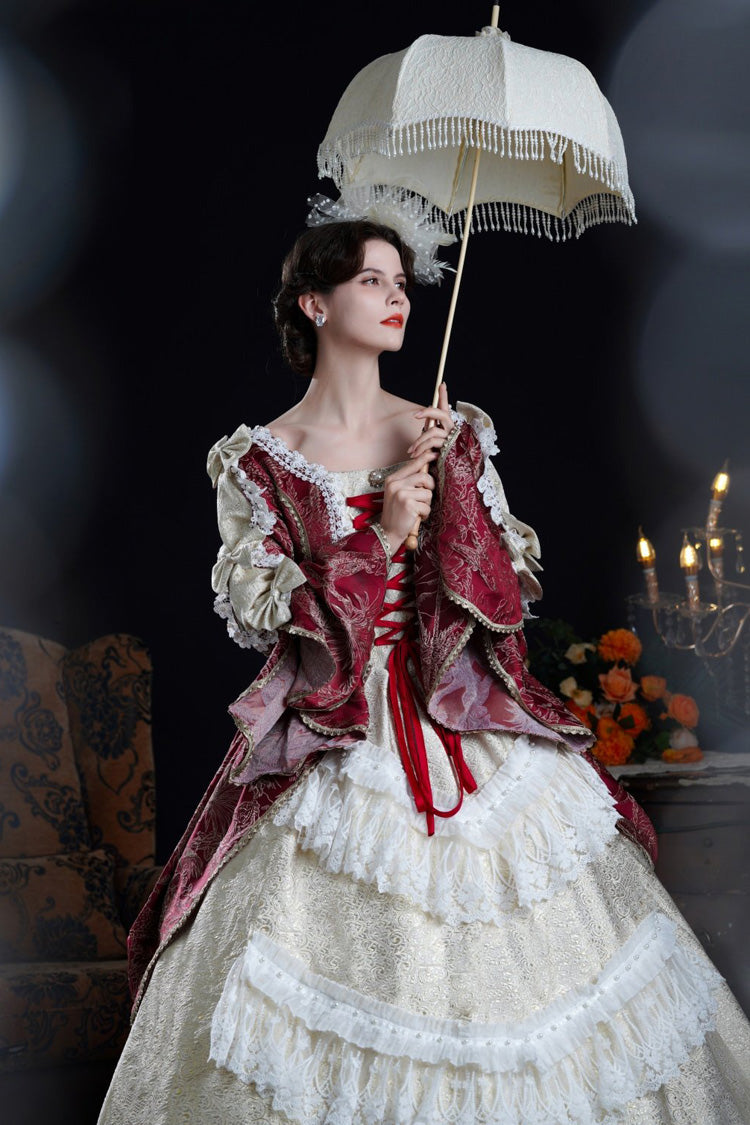 Victorian Palace Dress with Hime Sleeves and Lace-Up Front in Wine/Ivory - NostalgicElegance