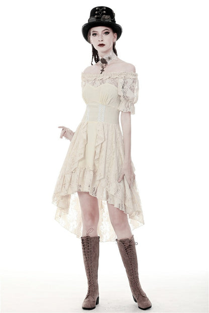 Steampunk Vintage Gorgeous Graduation Gown with Off-Shoulder Ruffles & Ruched Sleeves