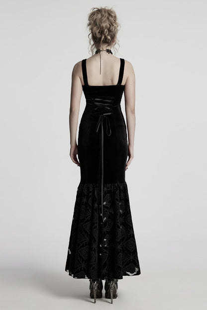 No-Sleeve Floral Embroidered Fishtail Gothic Slip Dress
