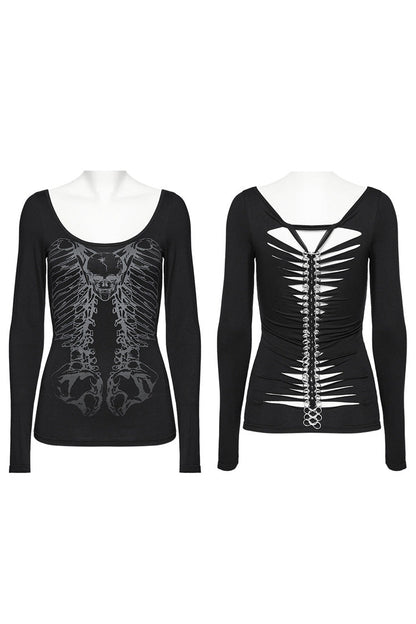 Dark Skeleton-Print Long-Sleeve Top for Women