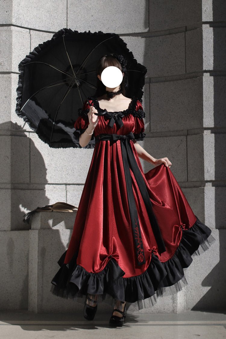 Crimson Square-Neck Vintage Lolita Dress with Ruffles and Bowknot