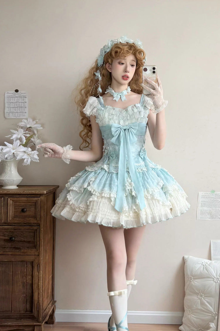 Emerald Short Sleeve Multi-Layer Ruffle Embroidery Bow Lace-Up Sweet Elegant Ballet Lolita Jumper Dress