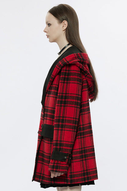 Crimson & Charcoal Tartan Hooded Punk Campus Jacket