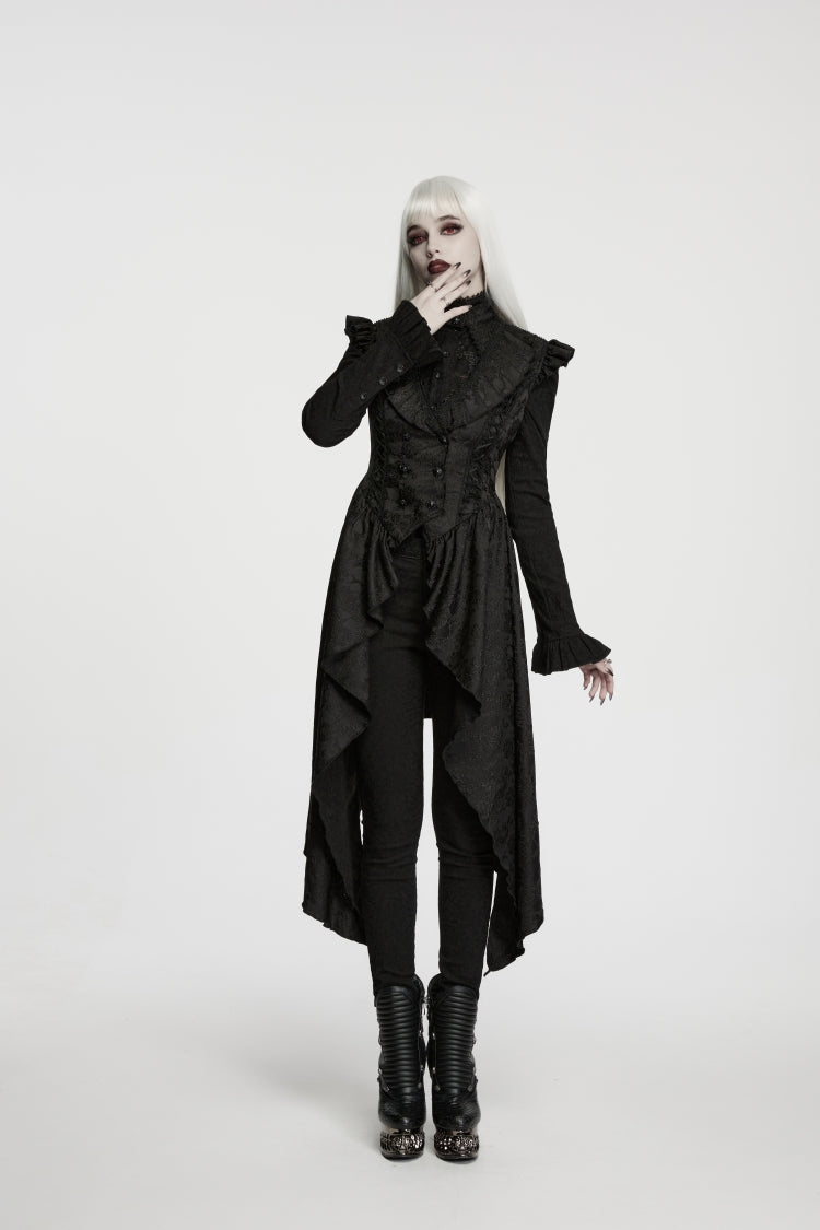 Women's Black Gothic Vest, Jacquard Cut-Out with Lace-Up and Asymmetric Design