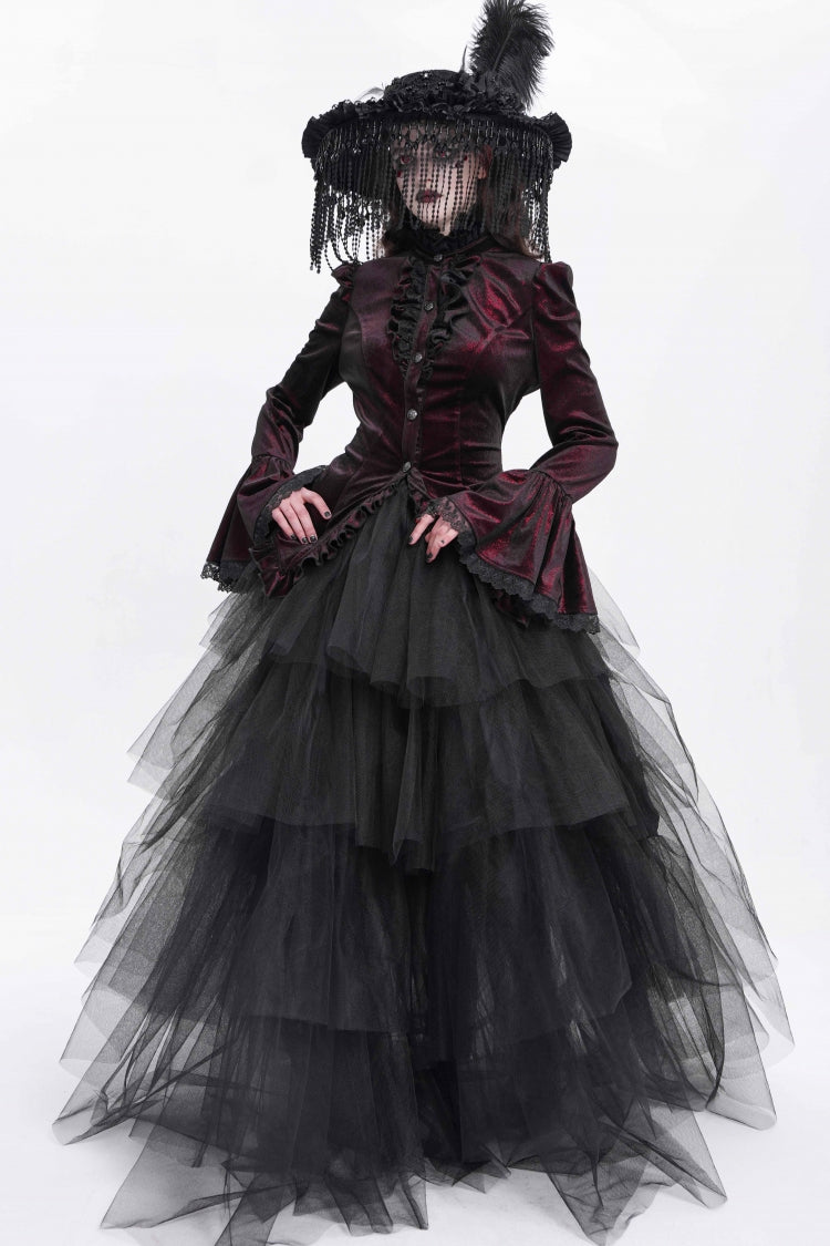 Crimson High-Neck Gothic Ruffled Blouse with Flared Sleeves and Tail Hem
