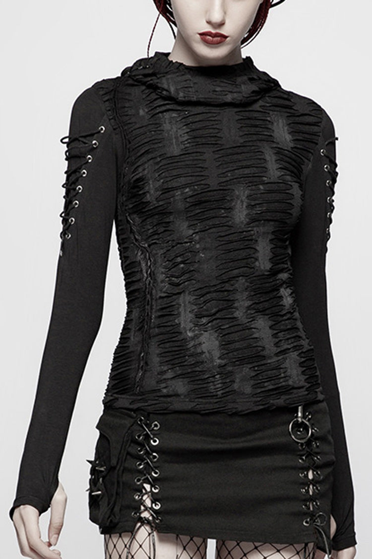 Ebony Long-Sleeve Fitted Hooded Ripped Steampunk Tee