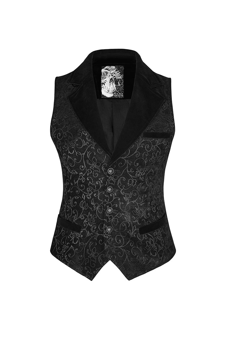 Vintage Gothic Men's Vest with V-Collar Print in Black Jacquard Velvet