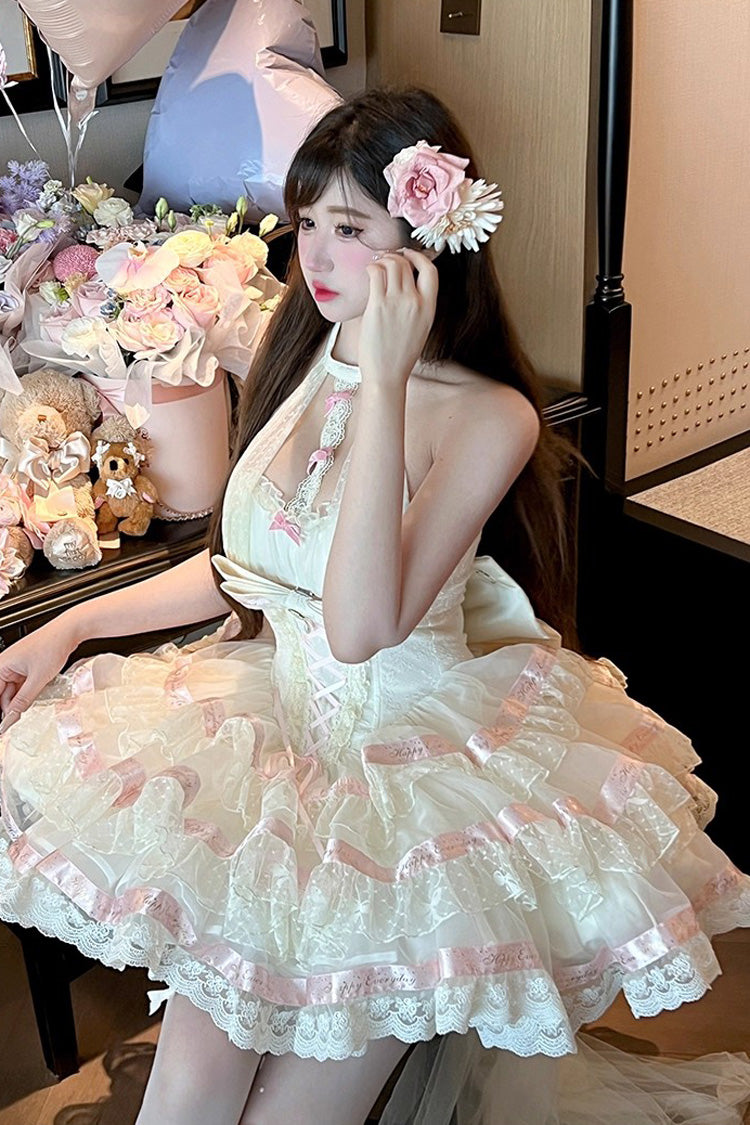 Sweet Princess Lolita Frocks with Halterneck Ruffles & Lace-Up Bows in Cream