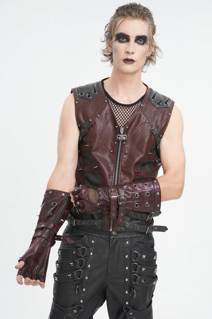 Crimson Punk Half-Finger Gloves with Mesh, Studs, and Buckles