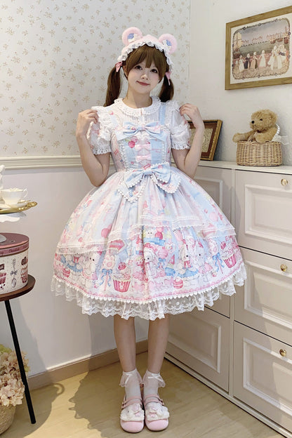 Azure Cute Rabbit Sweet Cake Print Ruffle Bow Lace Sweet Lolita Jumper Dress