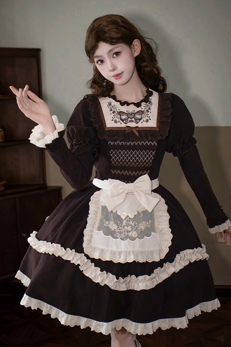 Rustic Brown Double Ruffle Bow Embroidered Sweet Lolita Mini Dress - Miss Brown