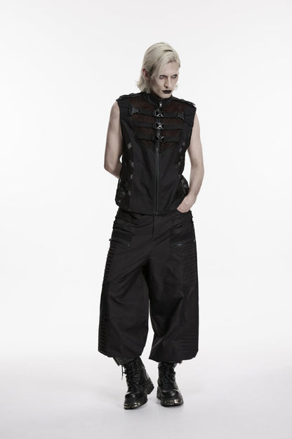 Mesh Cut-Out Punk Vest with Buckles and Eyelets for Men