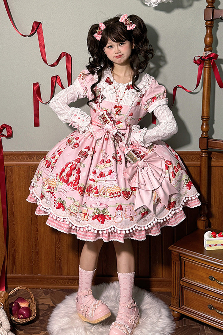 Doll Collar Short Sleeve Print Ruffle Bowknot Sweet Lolita Dress with Strawberry Dessert - 4 Colors