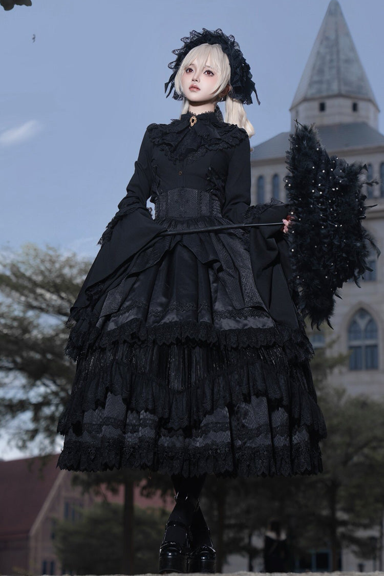 Ebony Layered Lace-Trimmed Open Front Gothic Petticoat Skirt - Immortality Taboo
