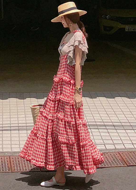 neck Plaid Sleeveless Button Stylish Dresses Layered Red Slash