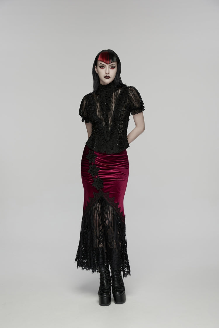 Ruffled Cut-Out Lace Gothic Blouse for Women
