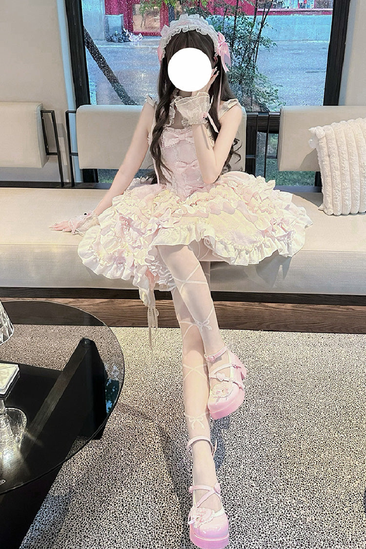 Blush Halter Sleeveless Embroidered Ruffle Ballerina JSK Set - Heart of Butterfly
