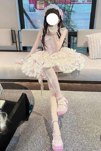 Blush Halter Sleeveless Embroidered Ruffle Ballerina JSK Set - Heart of Butterfly