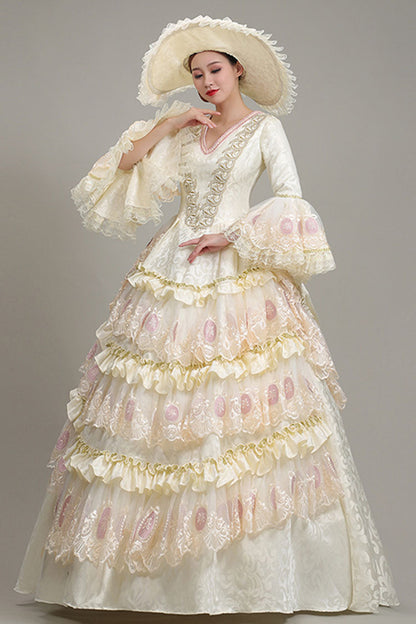 Victorian Lolita Prom Tiered Gown with Hime Sleeves, Lace & Floral Ruffles, Cream